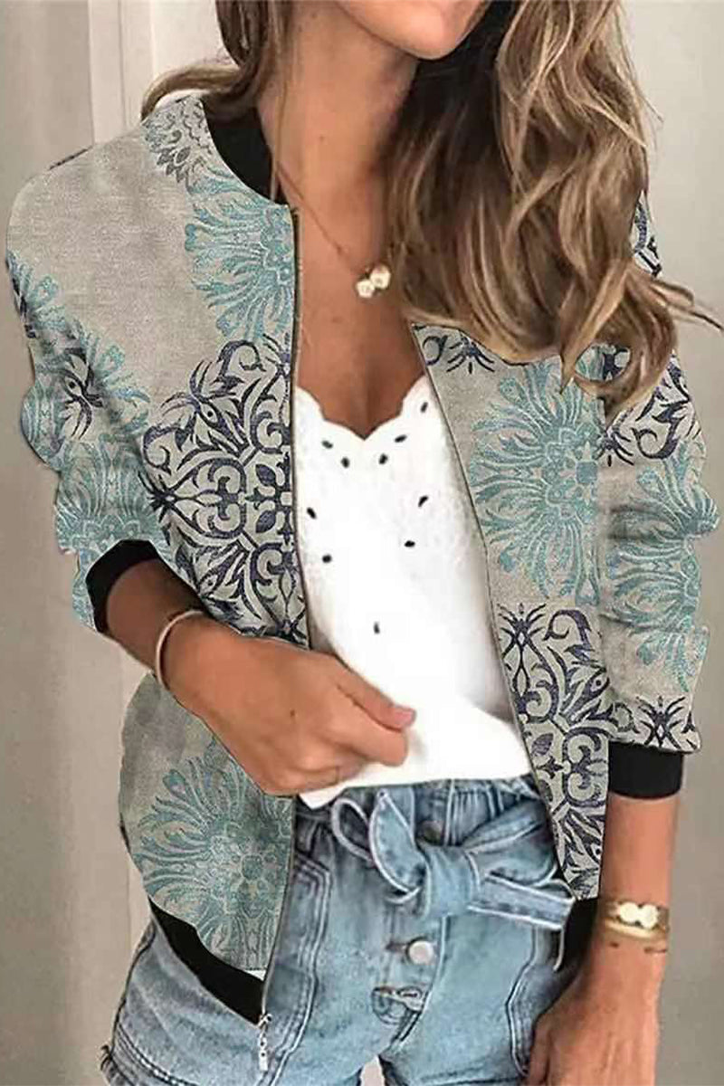 Casual Print Patchwork O Neck Outerwear(8 Colors)