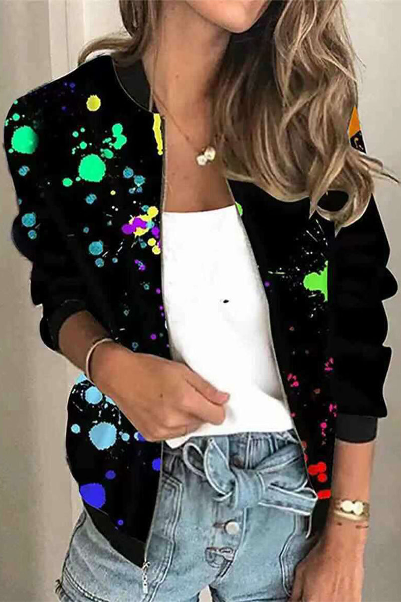Casual Print Patchwork O Neck Outerwear(8 Colors)