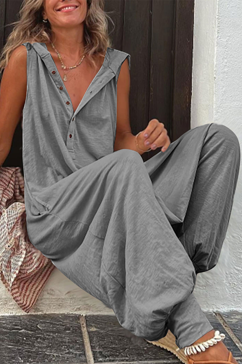 Casual Solid Buckle Hooded Collar Loose Jumpsuits(10 Colors)