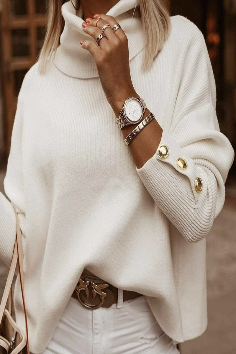 Casual Solid Buttons Turtleneck Tops(3 Colors)