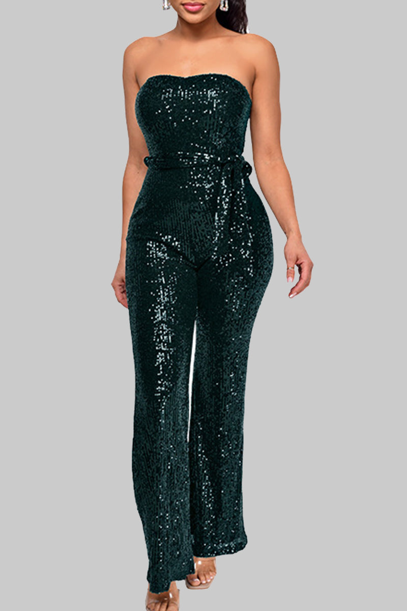 Street Solid Bandage Sequins Patchwork Strapless Regular Jumpsuits(5 Colors)