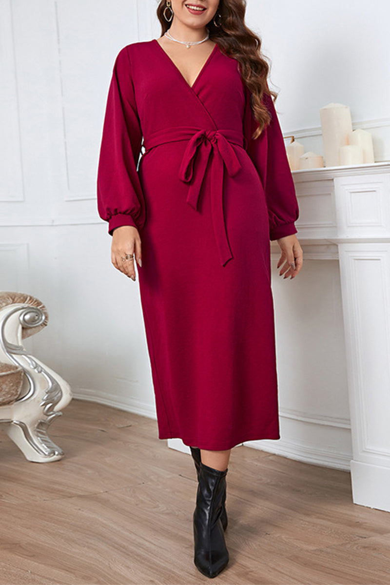 Elegant Solid Bandage V Neck A Line Plus Size Dresses