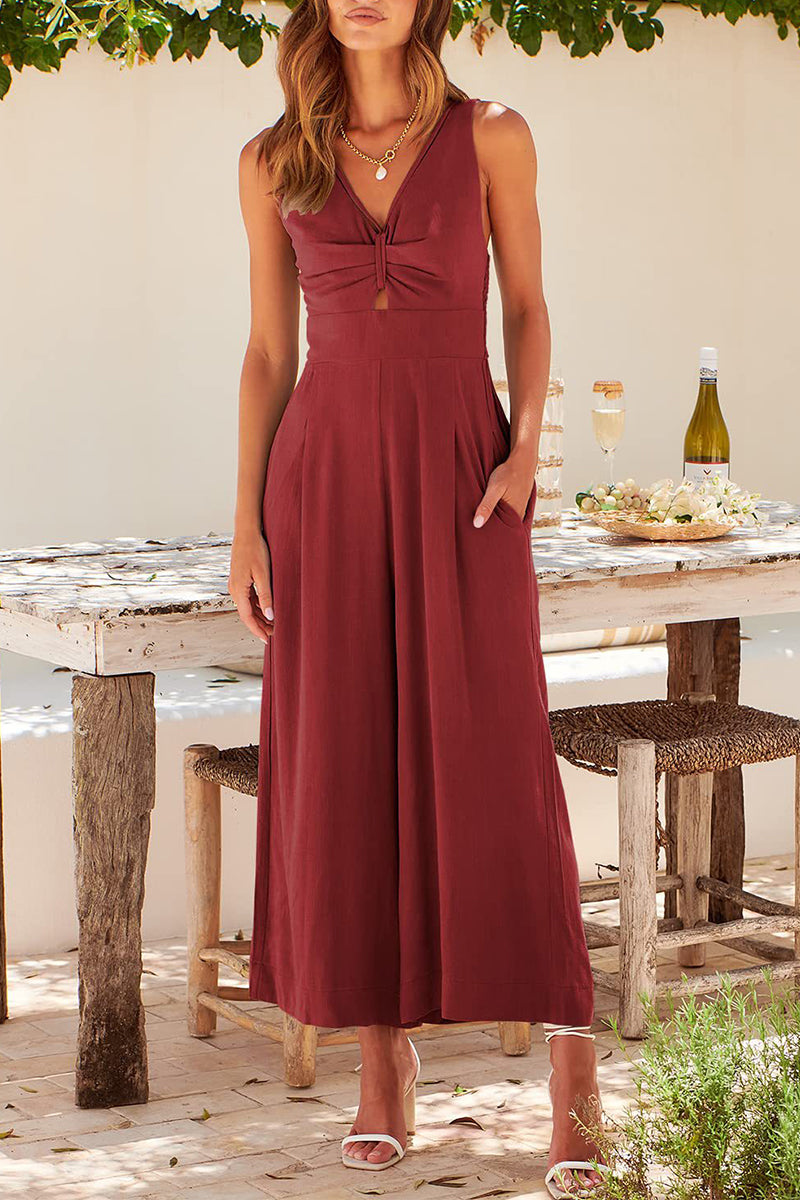 Casual Simplicity Solid Pocket Backless V Neck Loose Jumpsuits