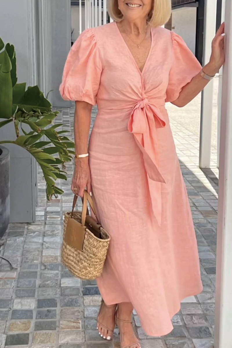 Casual Daily Solid Color Lace Up V Neck A Line Short Sleeve Dress