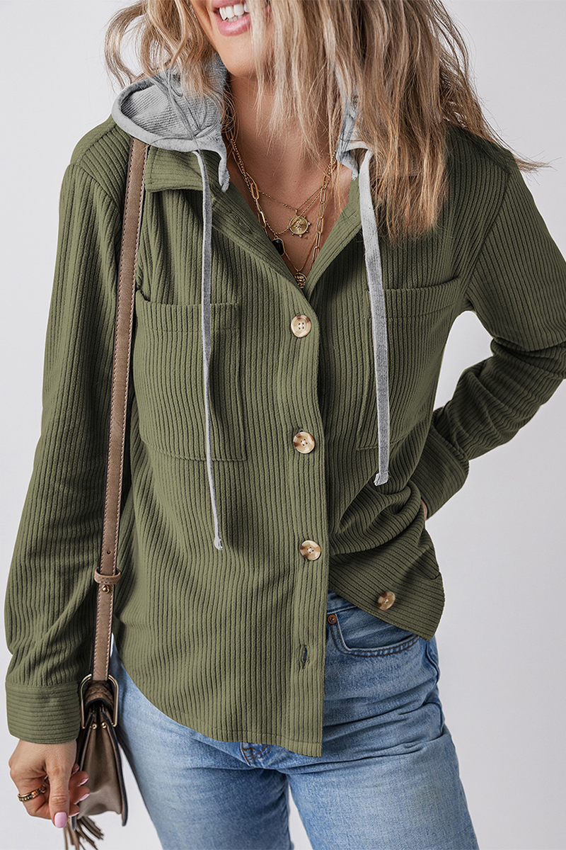 Casual Daily Draw String Buttons Patchwork Contrast Hooded Tops