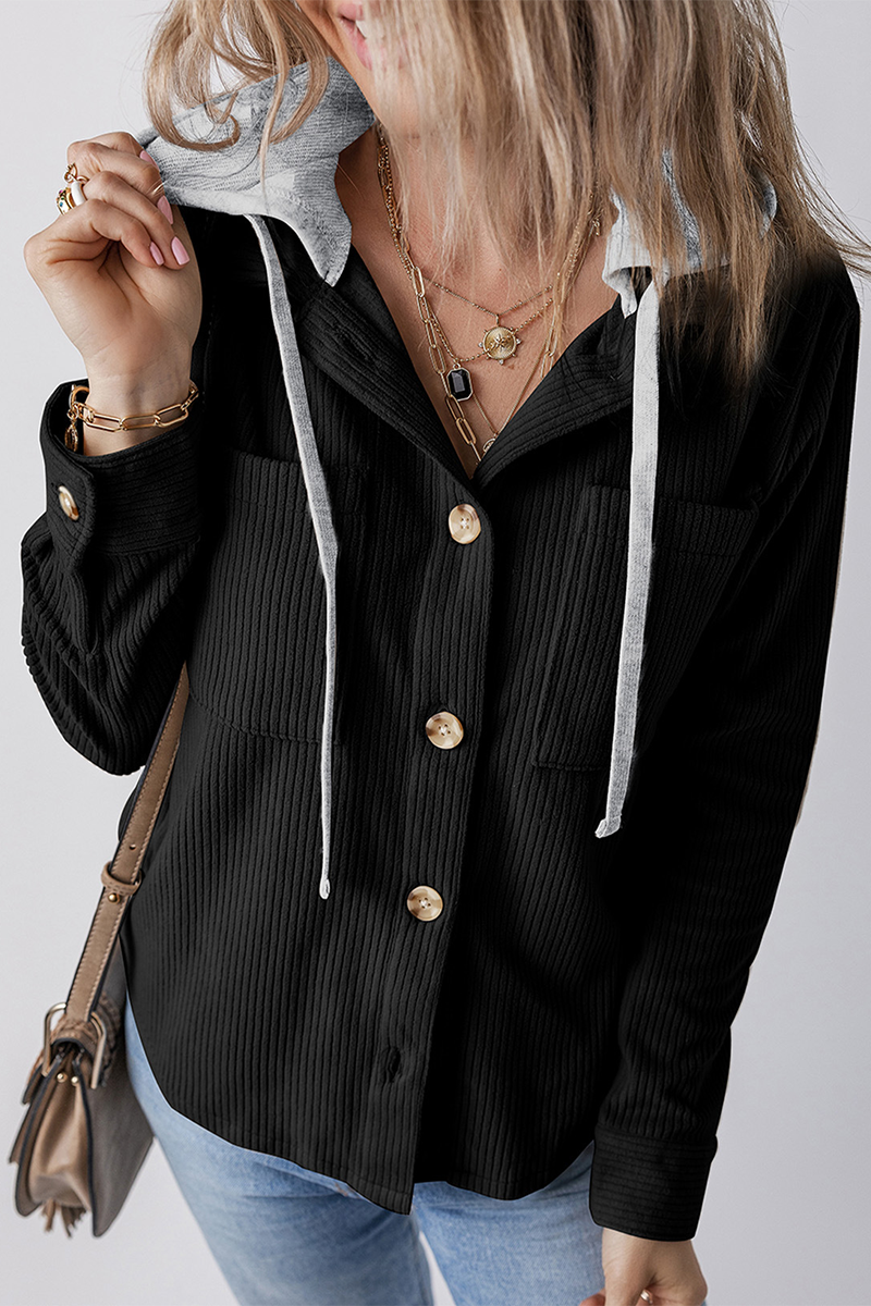 Casual Daily Draw String Buttons Patchwork Contrast Hooded Tops