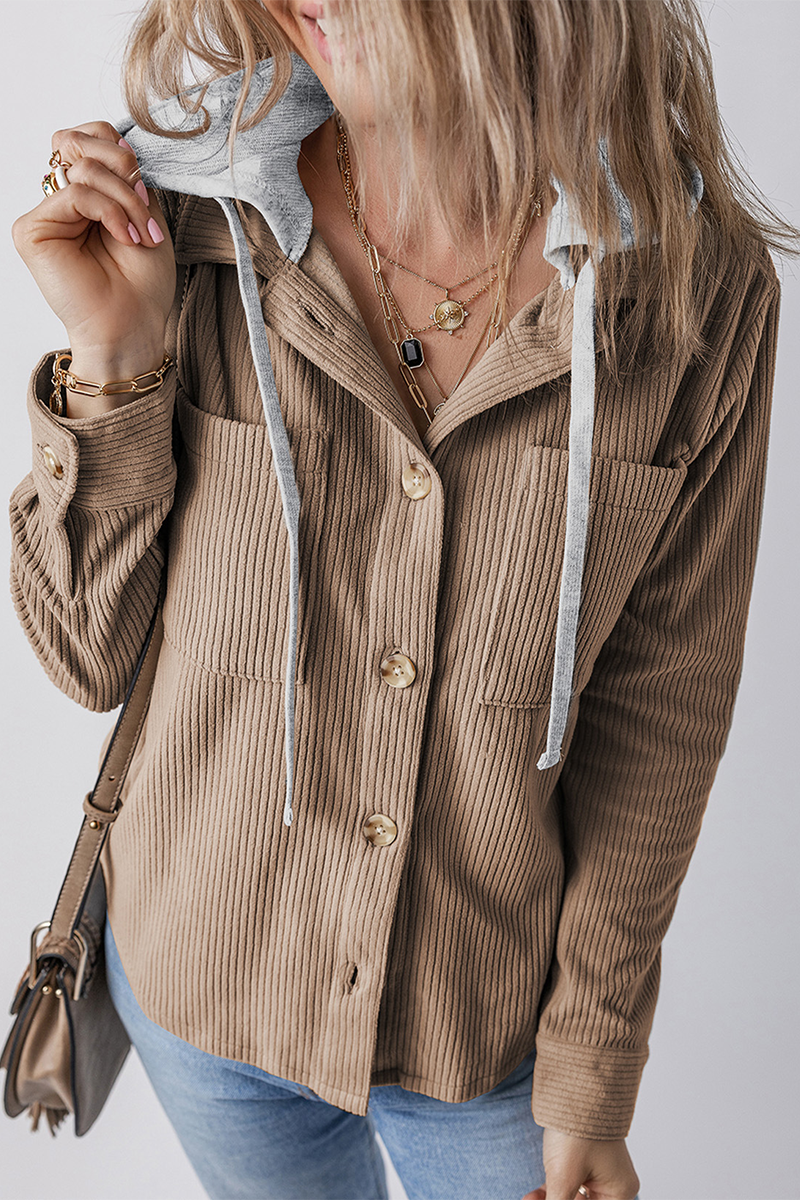 Casual Daily Draw String Buttons Patchwork Contrast Hooded Tops