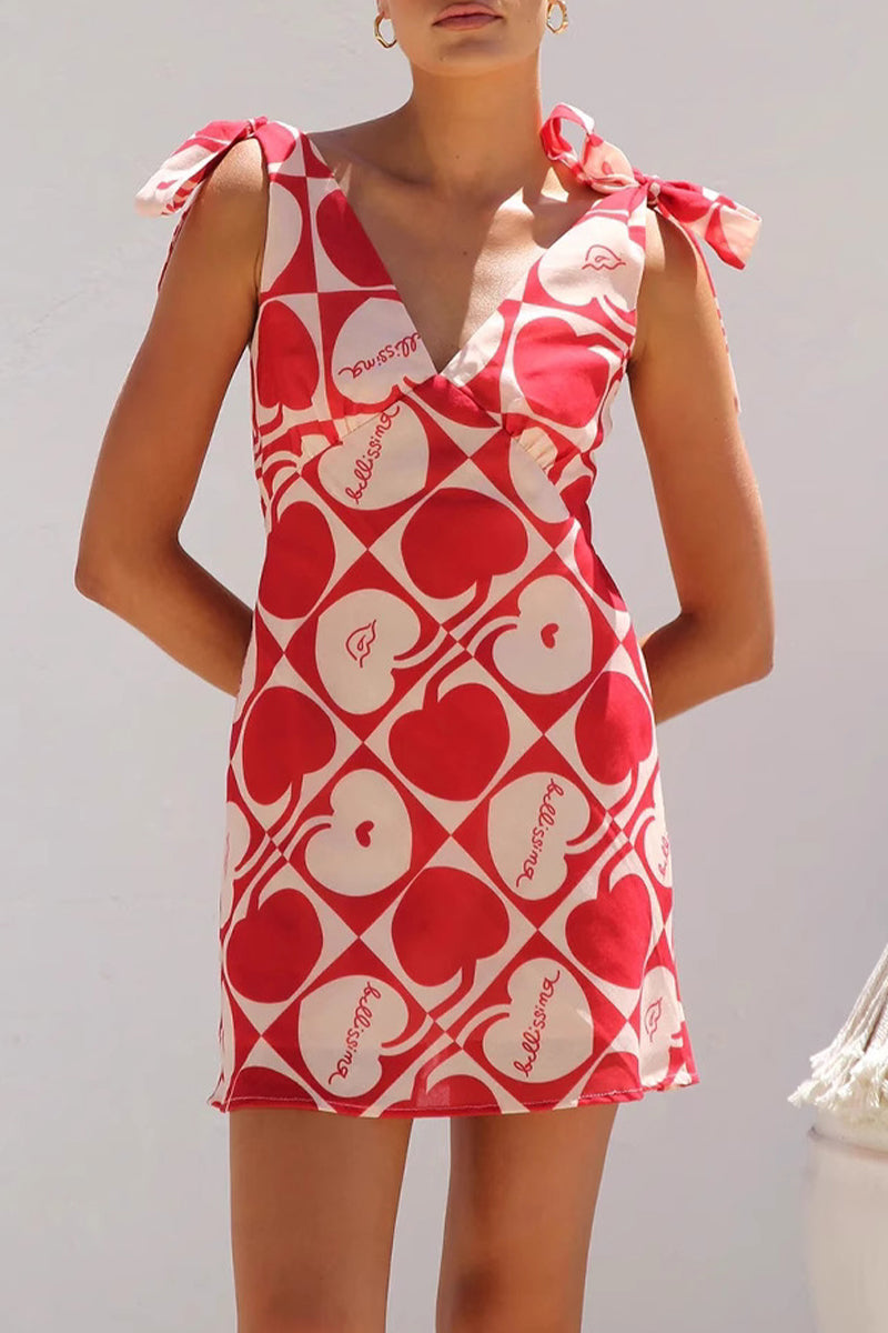 Sexy Vacation Floral Print Heart Shaped Lace Up V Neck Printed Dresses(3 Colors)