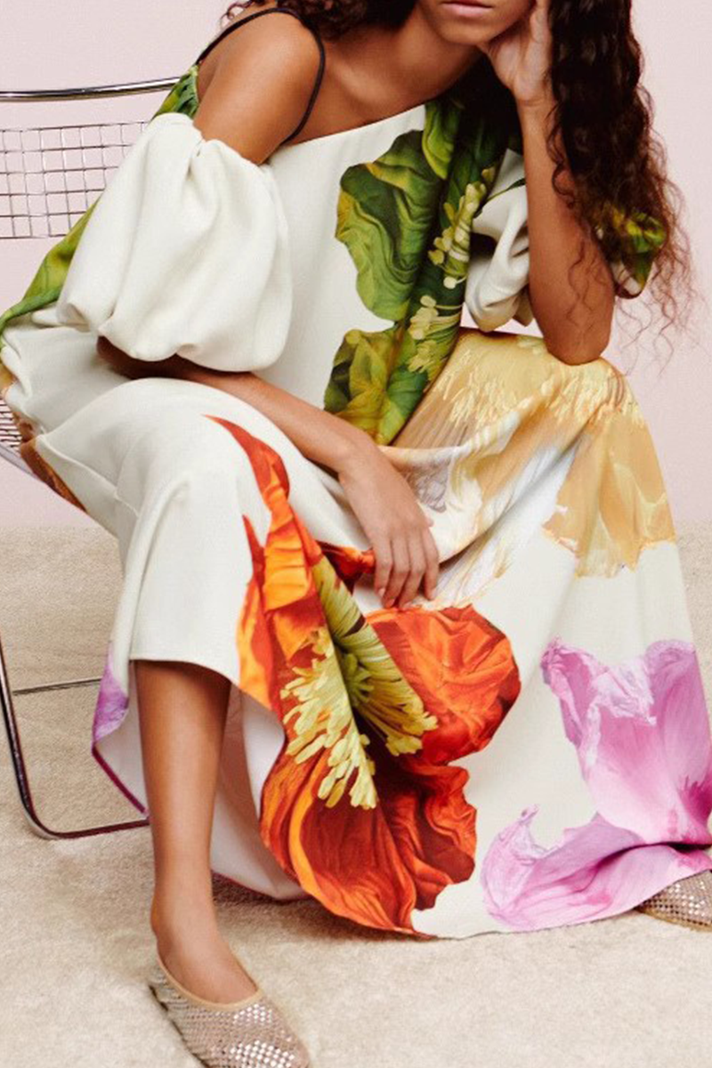 Casual Vacation Print Backless Oblique Collar Long Dresses