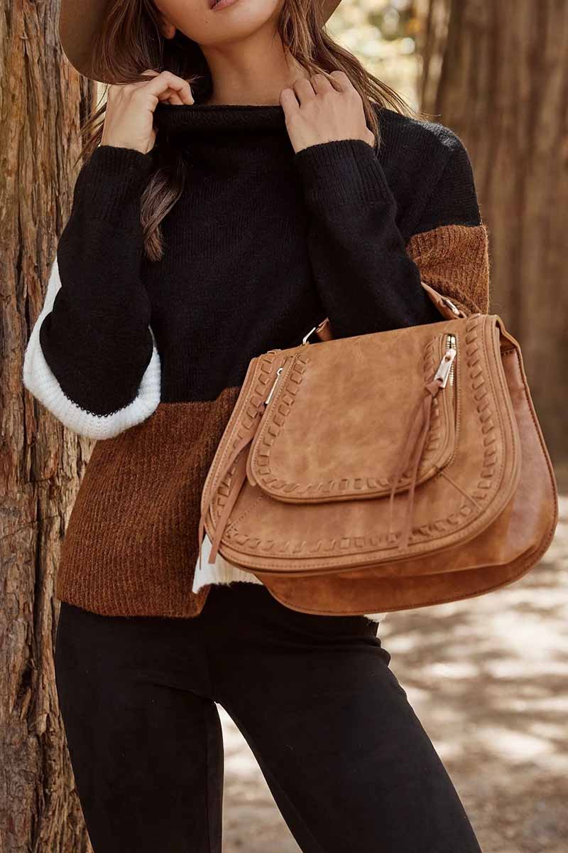 Omyke Contrasting Color High Neck Knitted Sweater