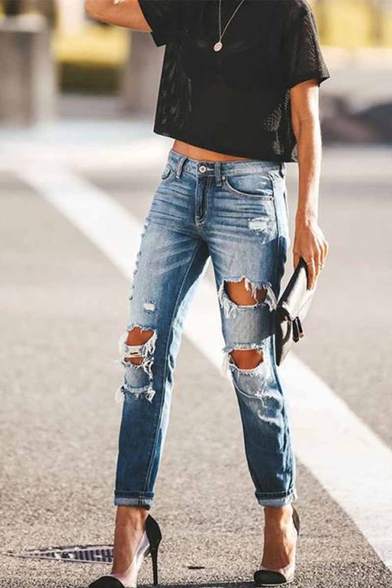Omyke Regular Blue Ripped Jeans