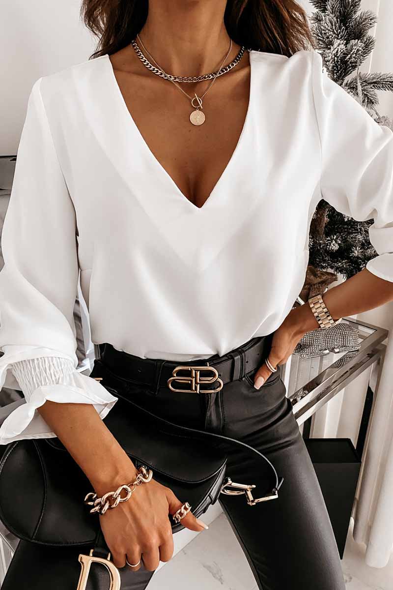 Omyke Lace long sleeve V-neck Tops
