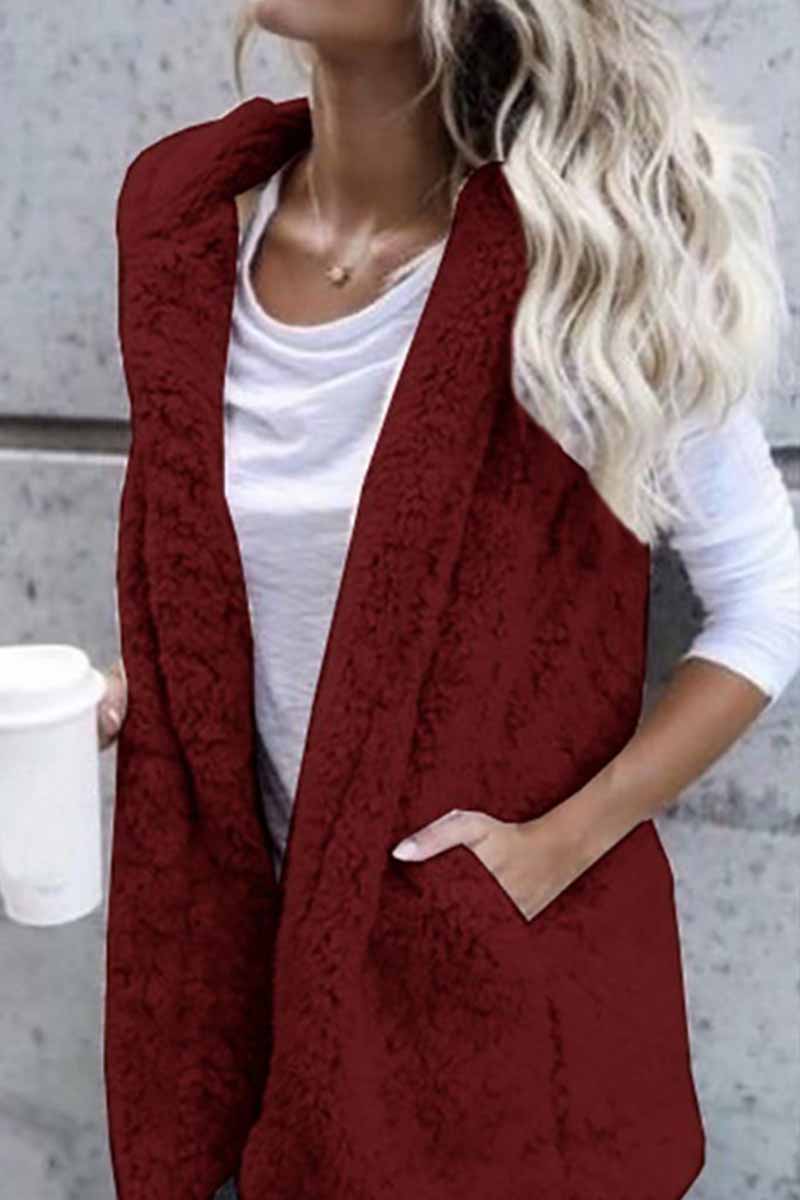 Omyke Hooded Thin Solid Plush Coat With Pocket
