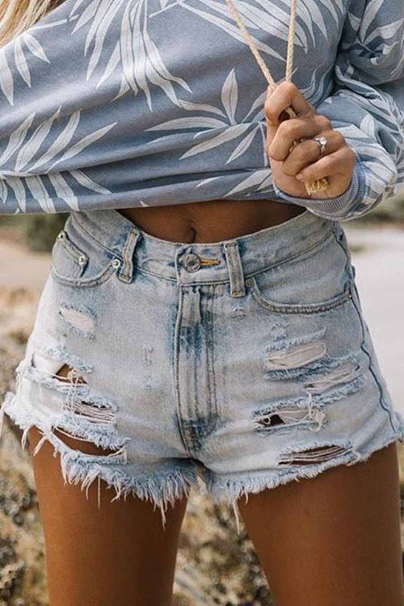 Omyke High Waist Ripped Fringed Denim Shorts