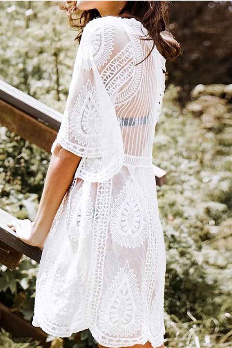 Florcoo Hollow Embroidery Half Sleeve Cover-Up