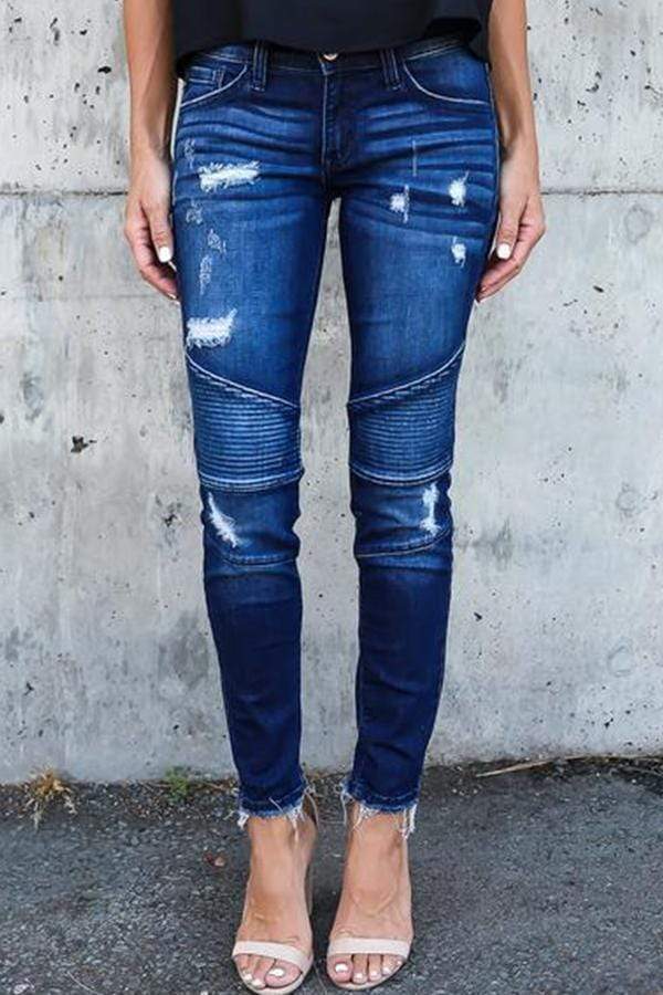 Omyke Regular Waist Solid Color Skinny Fit Hole Jeans