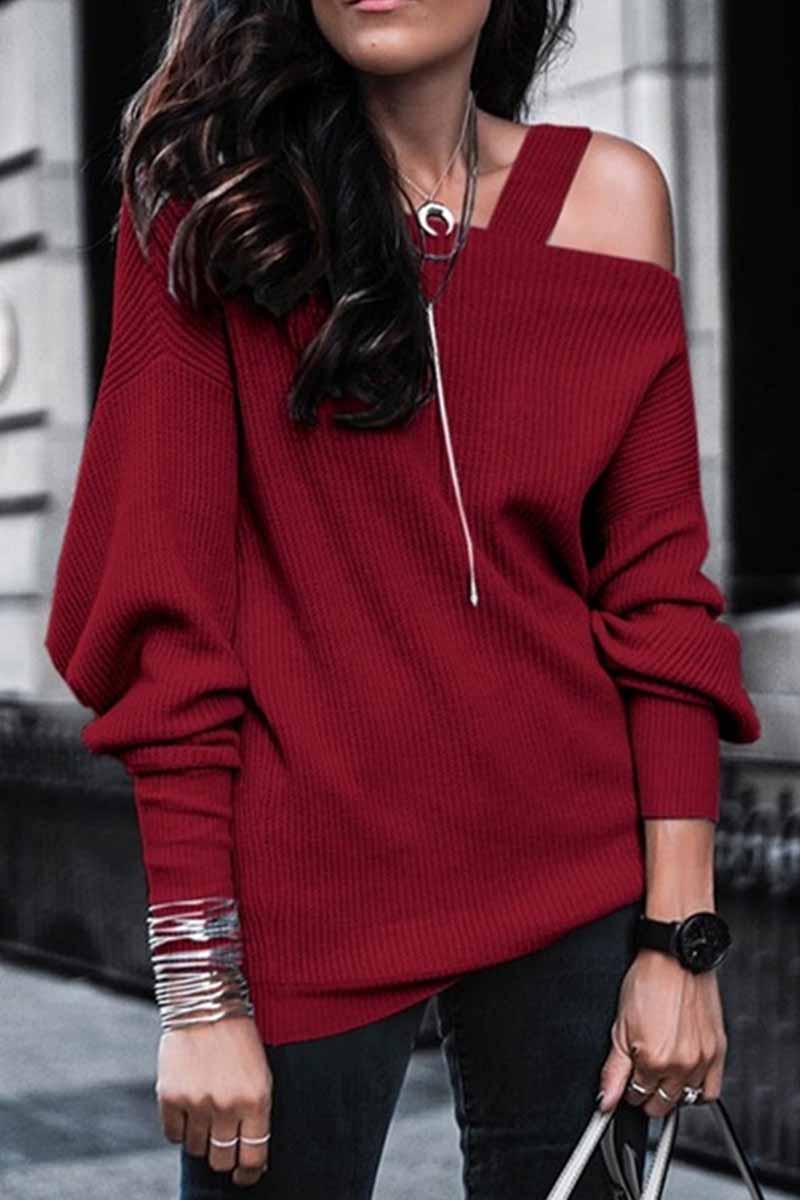 Florcoo Solid Color Leaky Shoulder Knit Top