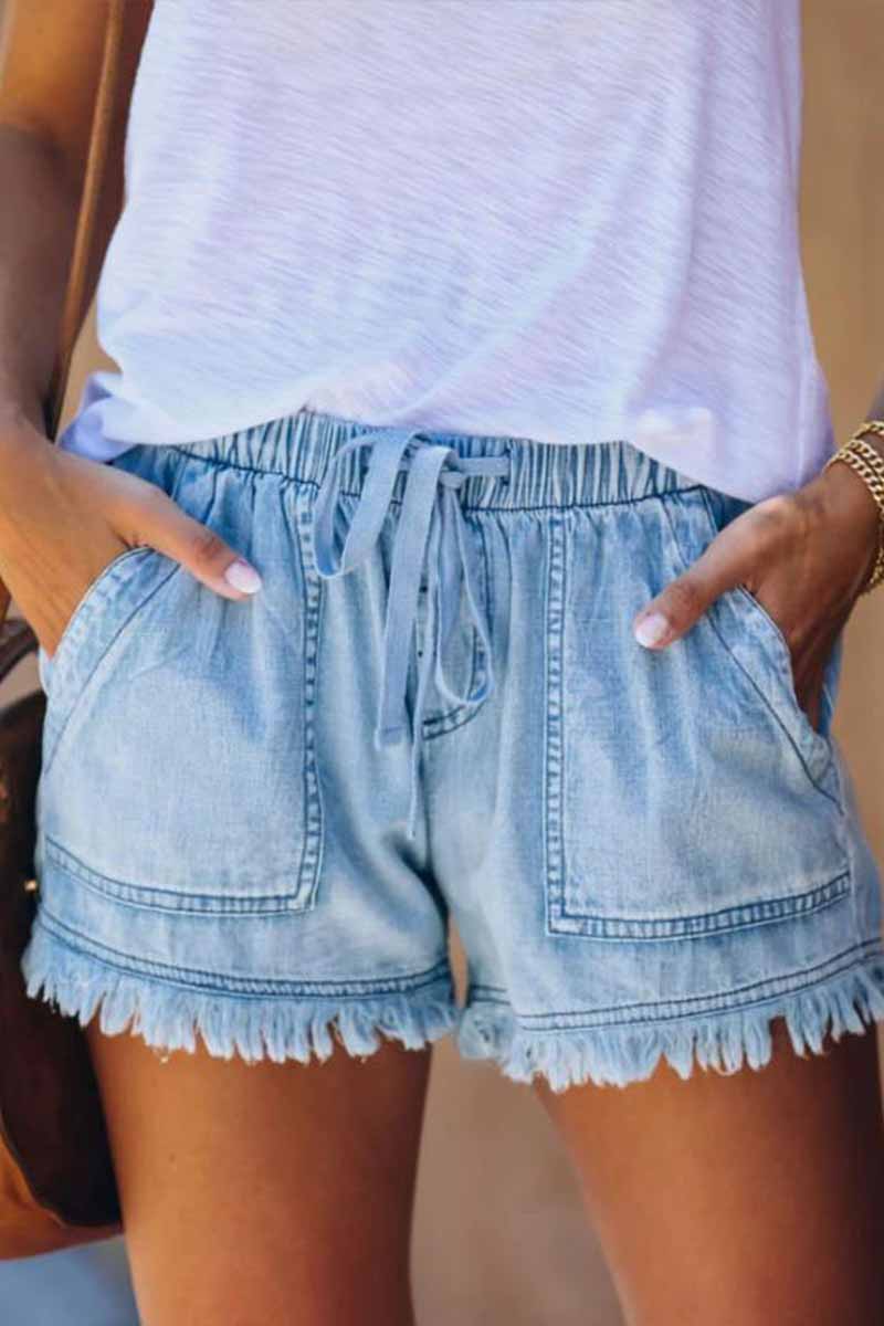 Florcoo Adjustable Tassel Pockets Design Denim Shorts(3 Colors)