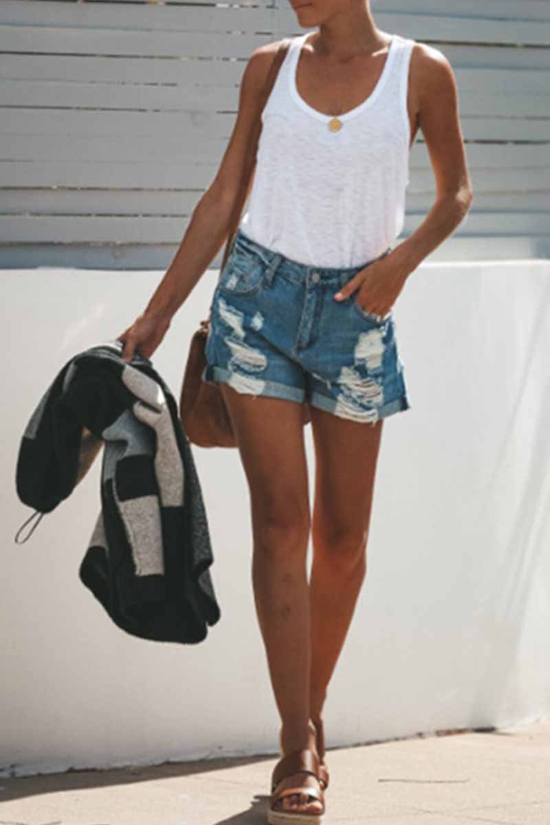 Omyke Fashion Street Ripped Denim Straight Shorts