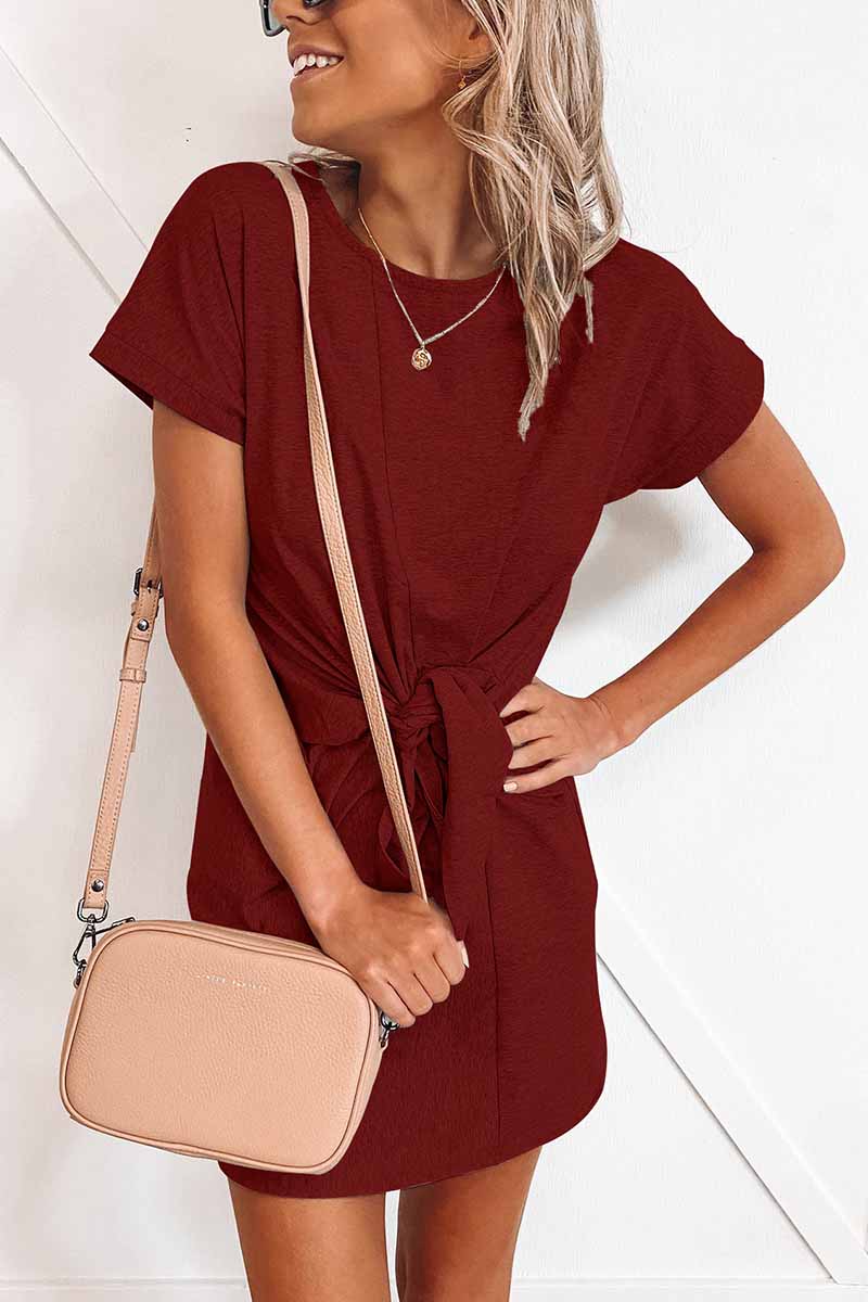 Omyke Loose Tie Solid Color Short Sleeves Mini Dress(6 colors)
