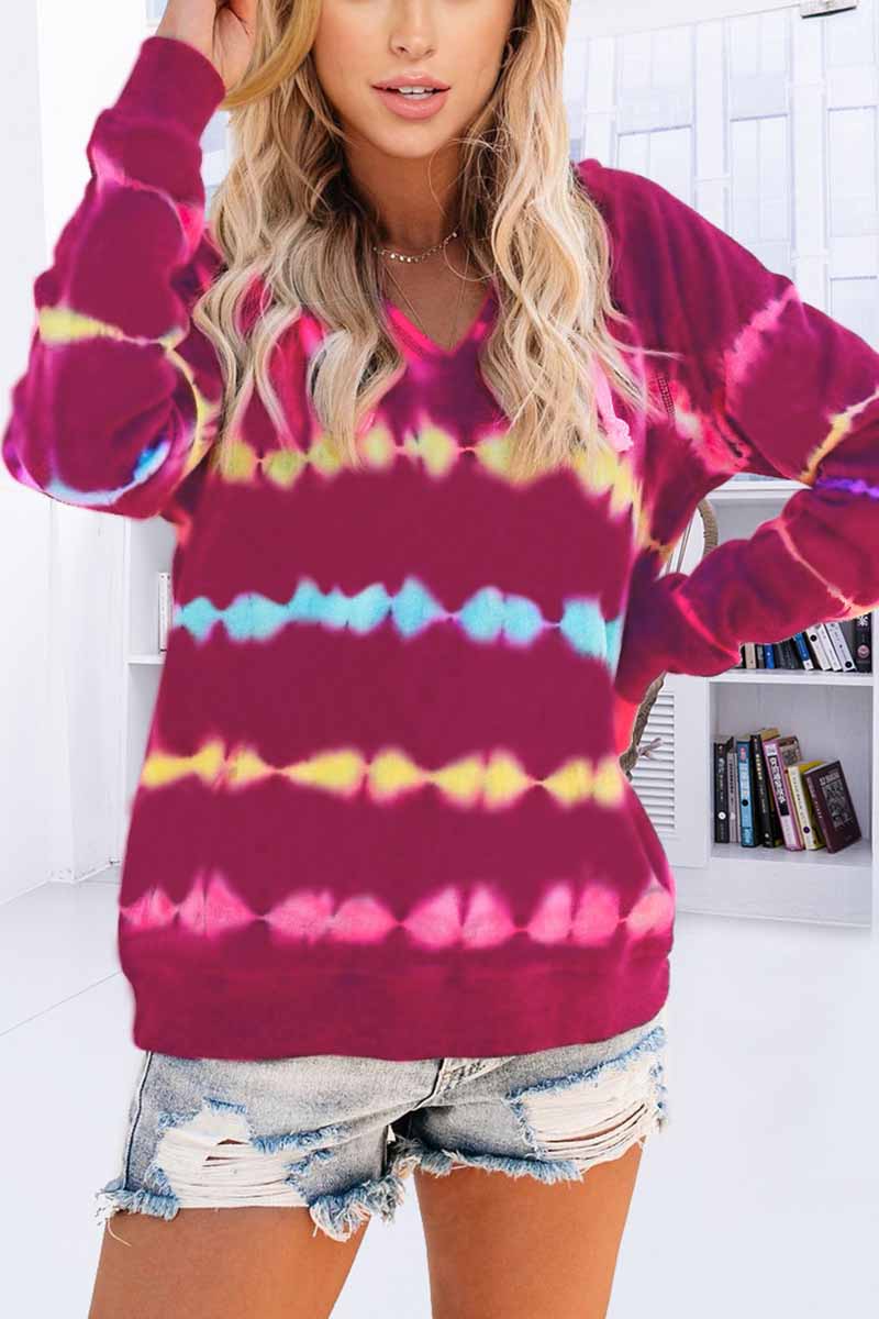 Omyke Color Striped Print Casual Hoodie