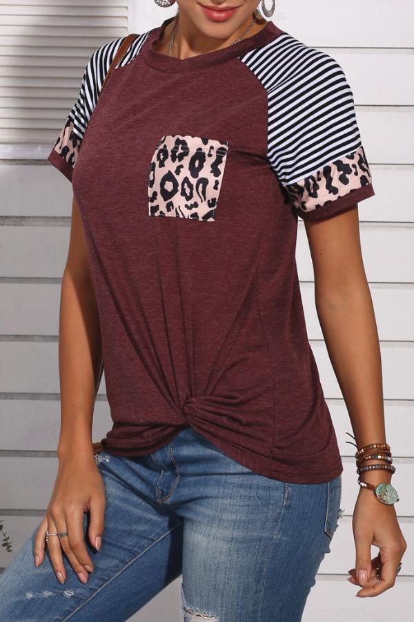 Omyke Patchwork Leopard Striped Wine Red T-shirt