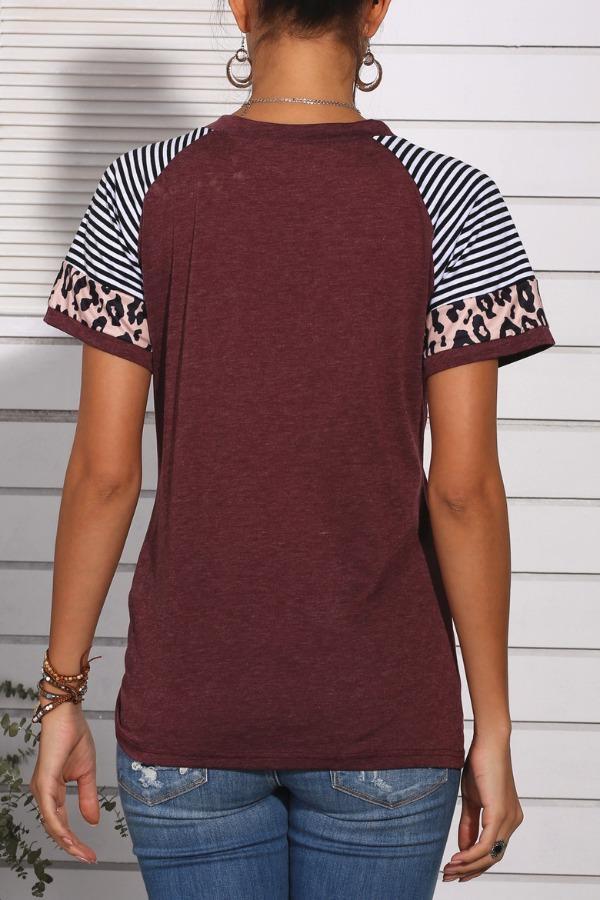 Omyke Patchwork Leopard Striped Wine Red T-shirt