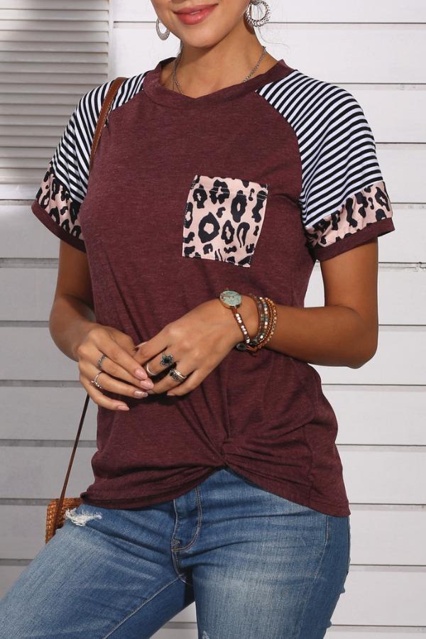 Omyke Patchwork Leopard Striped Wine Red T-shirt