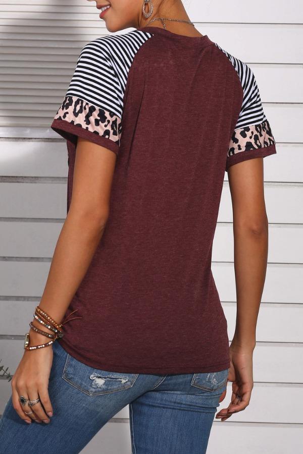 Omyke Patchwork Leopard Striped Wine Red T-shirt