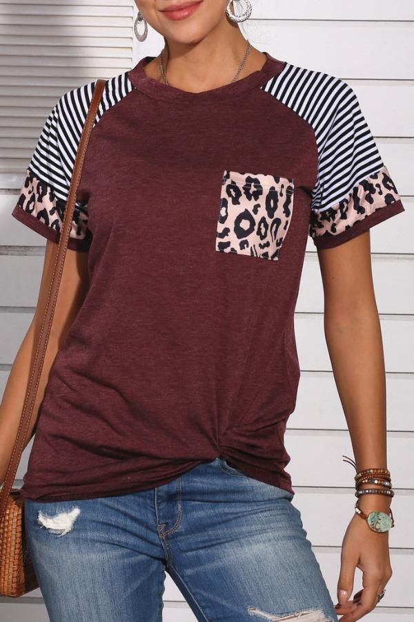 Omyke Patchwork Leopard Striped Wine Red T-shirt