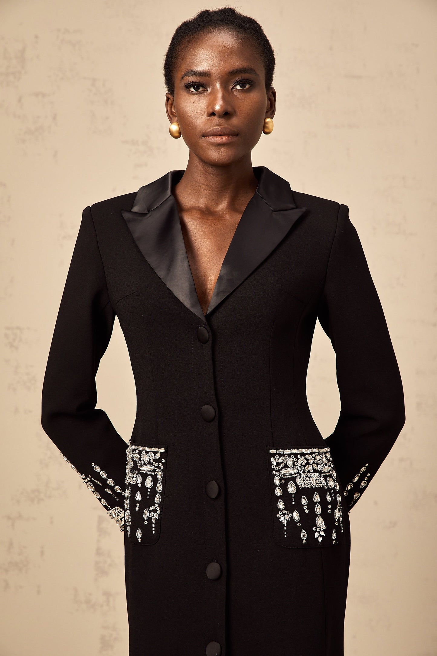 Diane black embellished maxi blazer dress