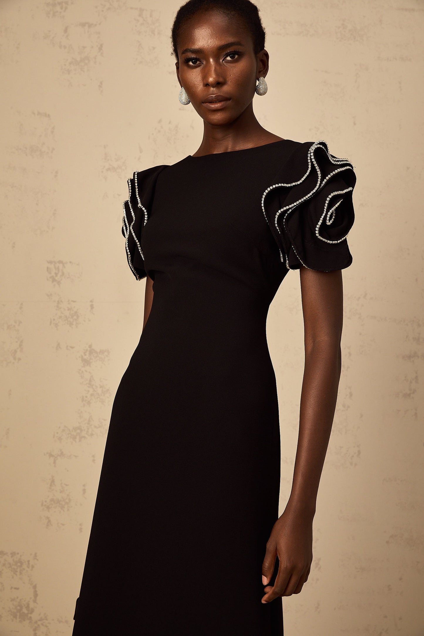 Bruyère Black Ruffled Embellished Maxi Dress