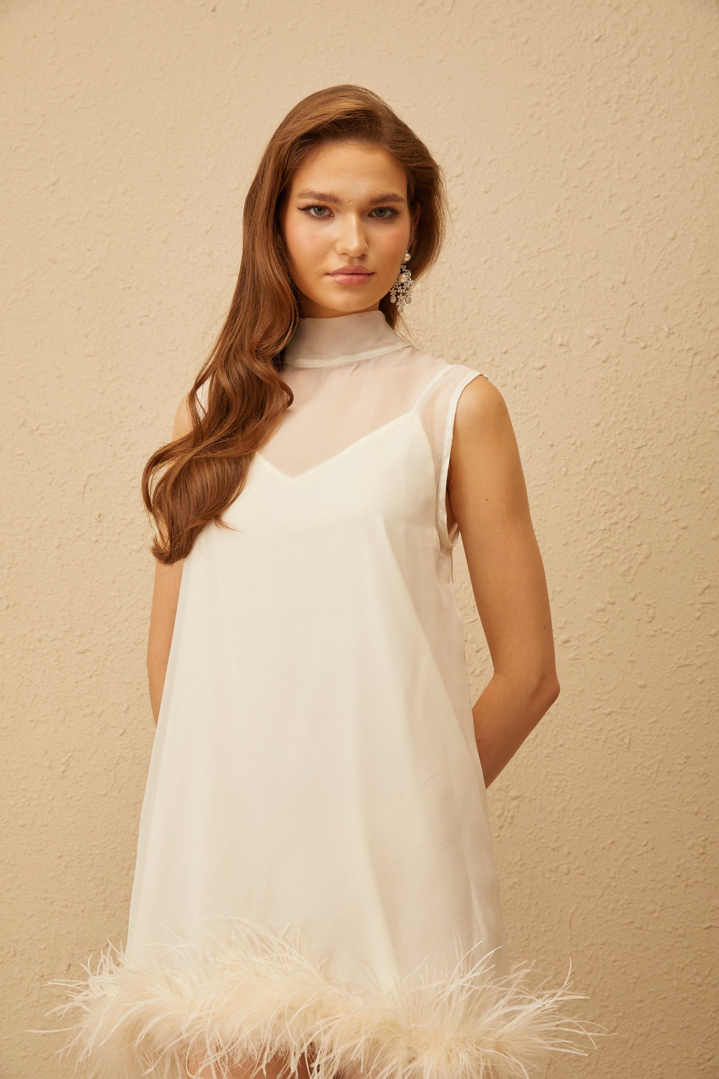 Adrienne White Feather Trim Mini Dress