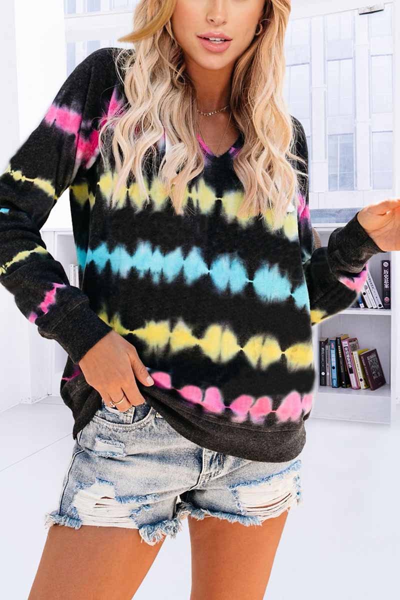 Omyke Color Striped Print Casual Hoodie