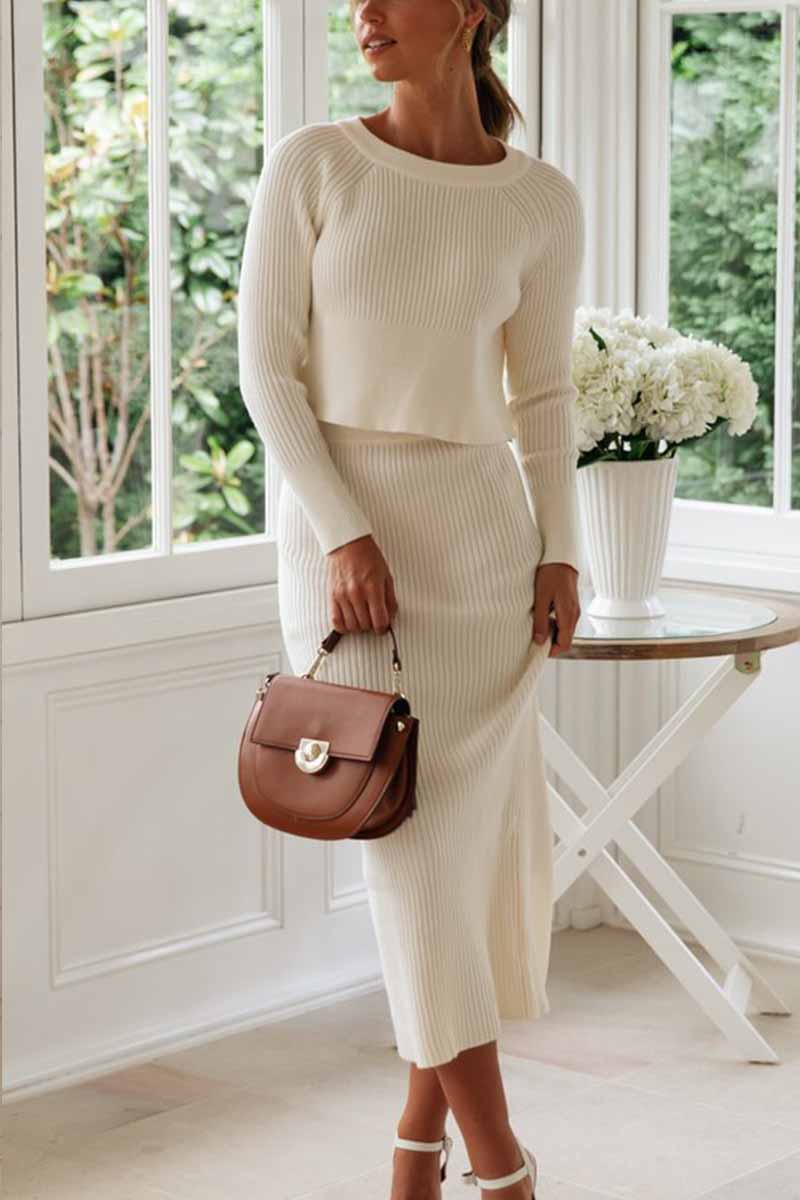 Omyke Knitted Solid Color Sweater Skirt Suit