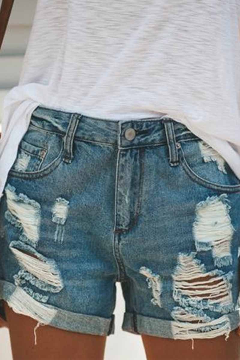 Omyke Fashion Street Ripped Denim Straight Shorts
