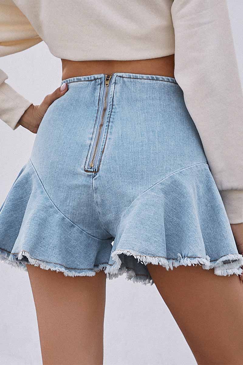 Omyke High-Waisted Commuter Denim Ruffled Zipper Shorts