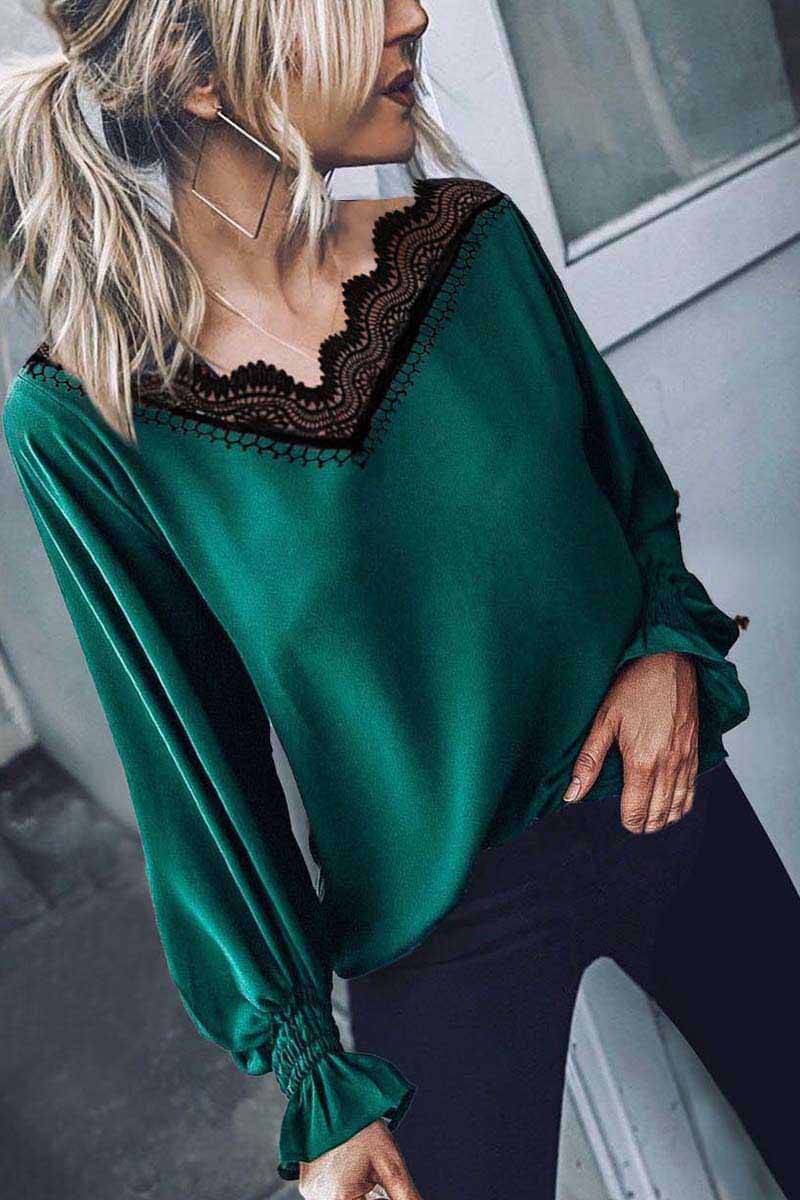 Omyke Lace V-Neck Long Sleeve Tops