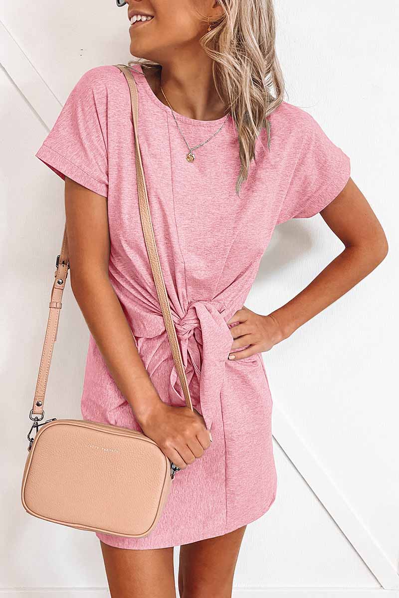 Omyke Loose Tie Solid Color Short Sleeves Mini Dress(6 colors)