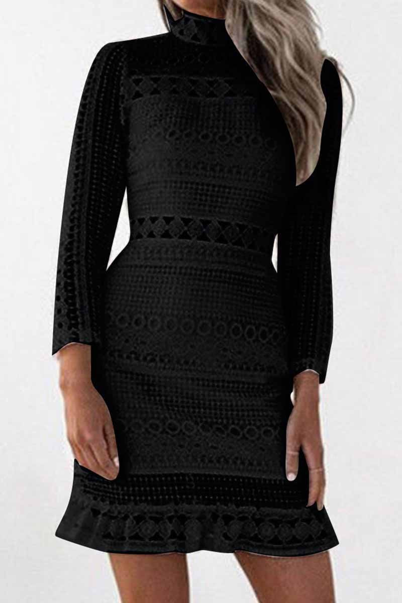 Omyke Pure Color Sexy Hollow Lace High Collar Mini Dress(3 Colors)
