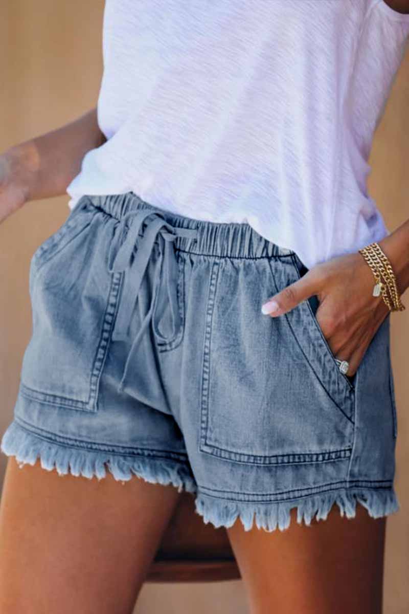 Florcoo Adjustable Tassel Pockets Design Denim Shorts(3 Colors)