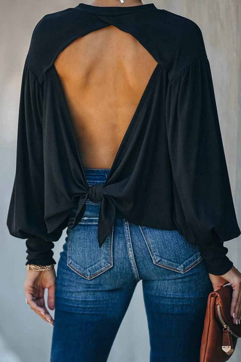 Omyke Lantern Sleeve Cutout Open Back Tie Detail Blouse