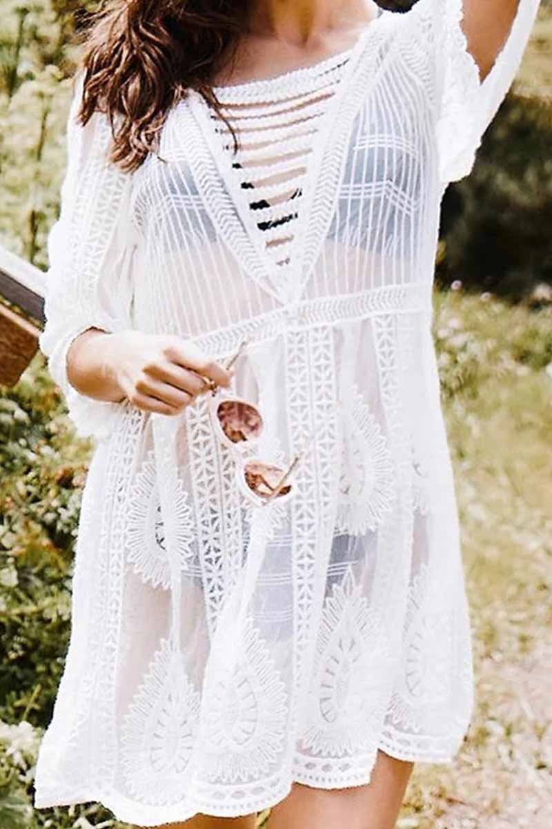 Florcoo Hollow Embroidery Half Sleeve Cover-Up