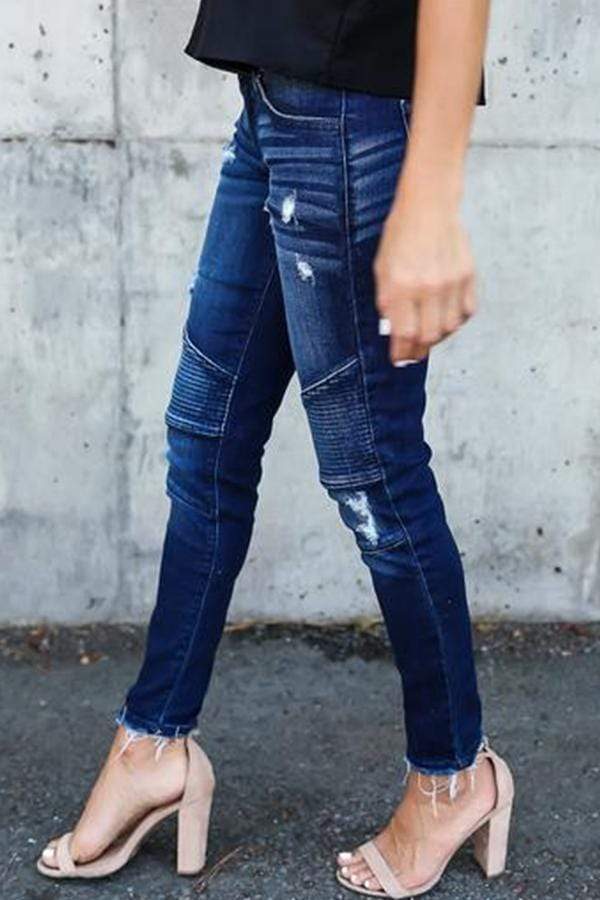 Omyke Regular Waist Solid Color Skinny Fit Hole Jeans