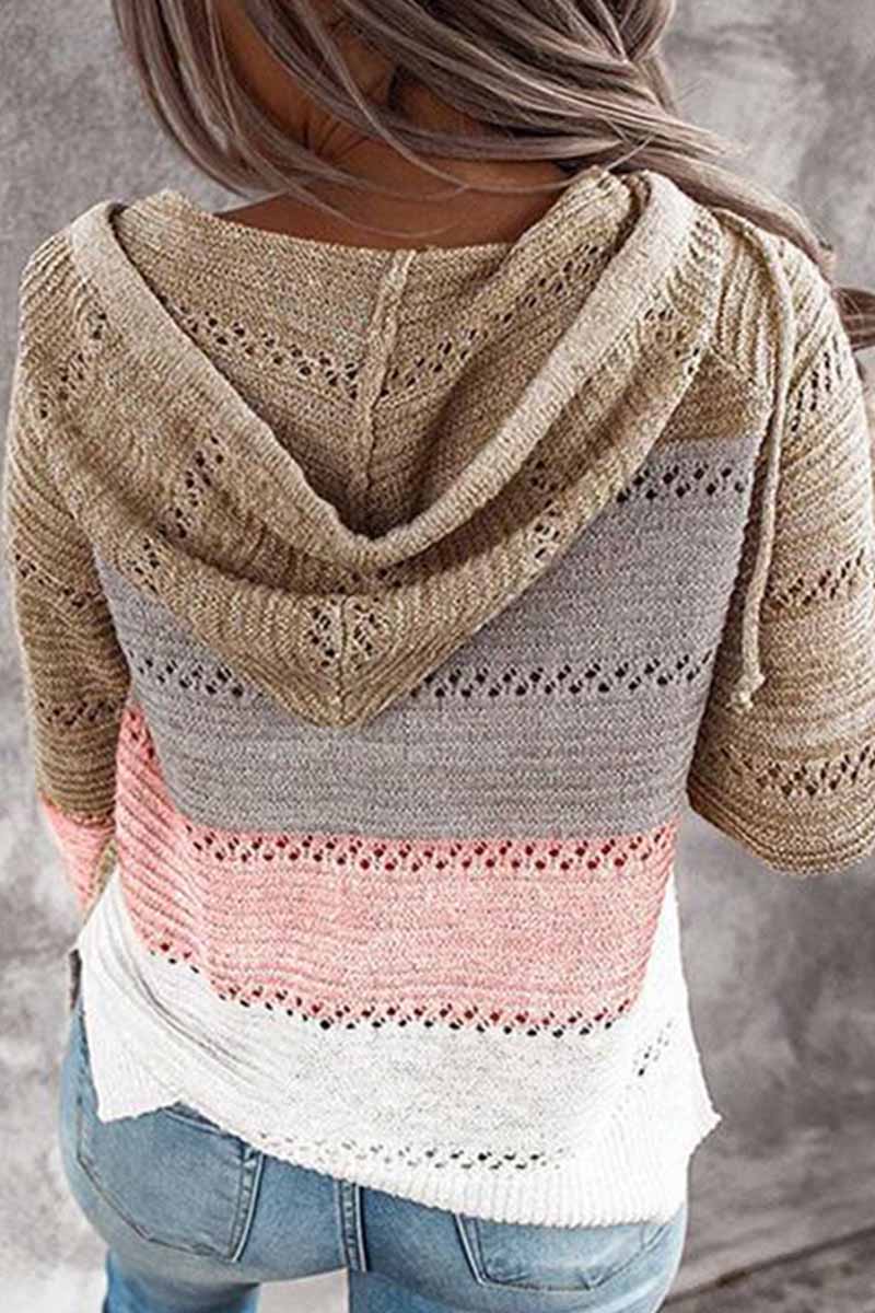 Omyke Contrast Color Knitted Zipper Lightweight Hoodie