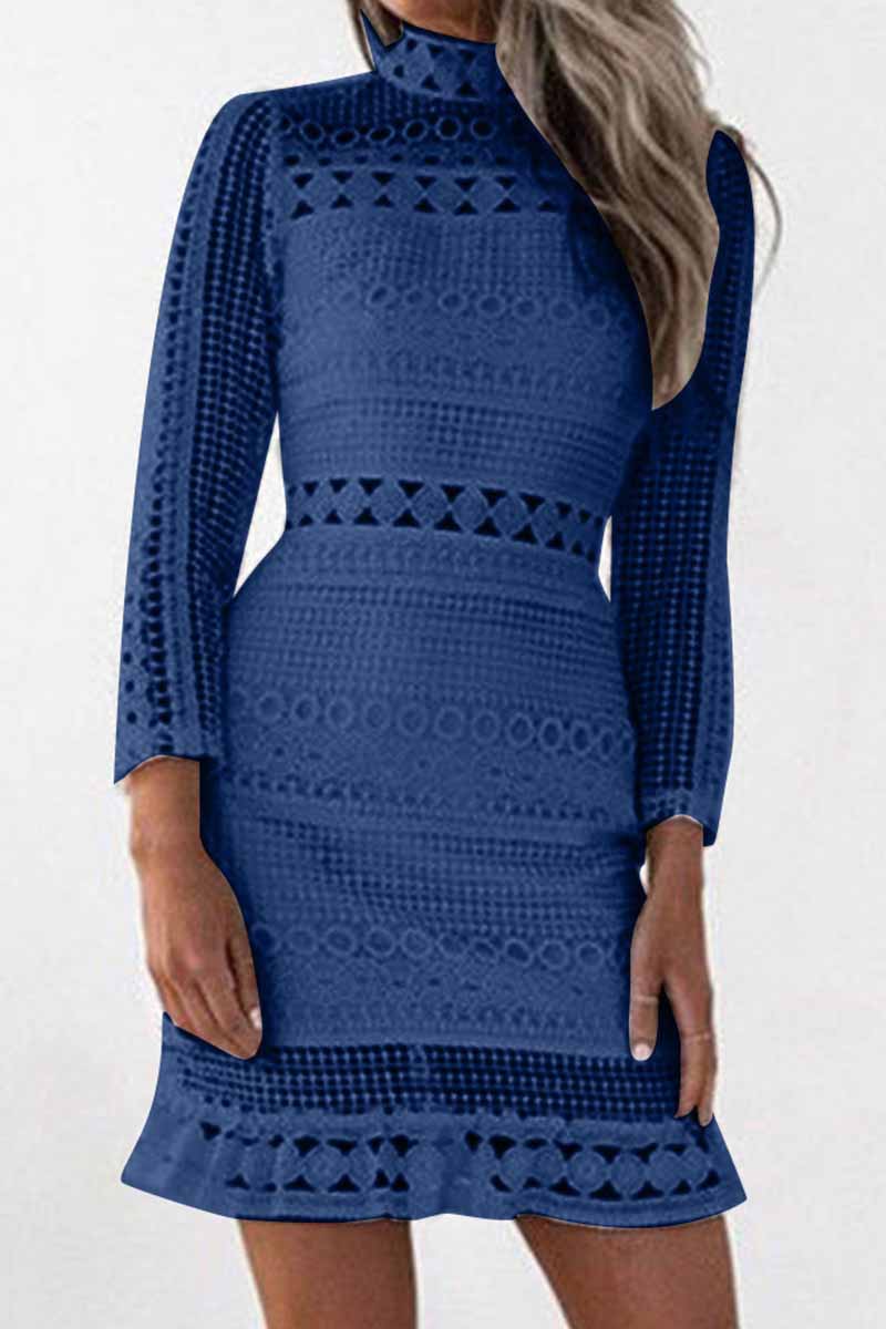 Omyke Pure Color Sexy Hollow Lace High Collar Mini Dress(3 Colors)