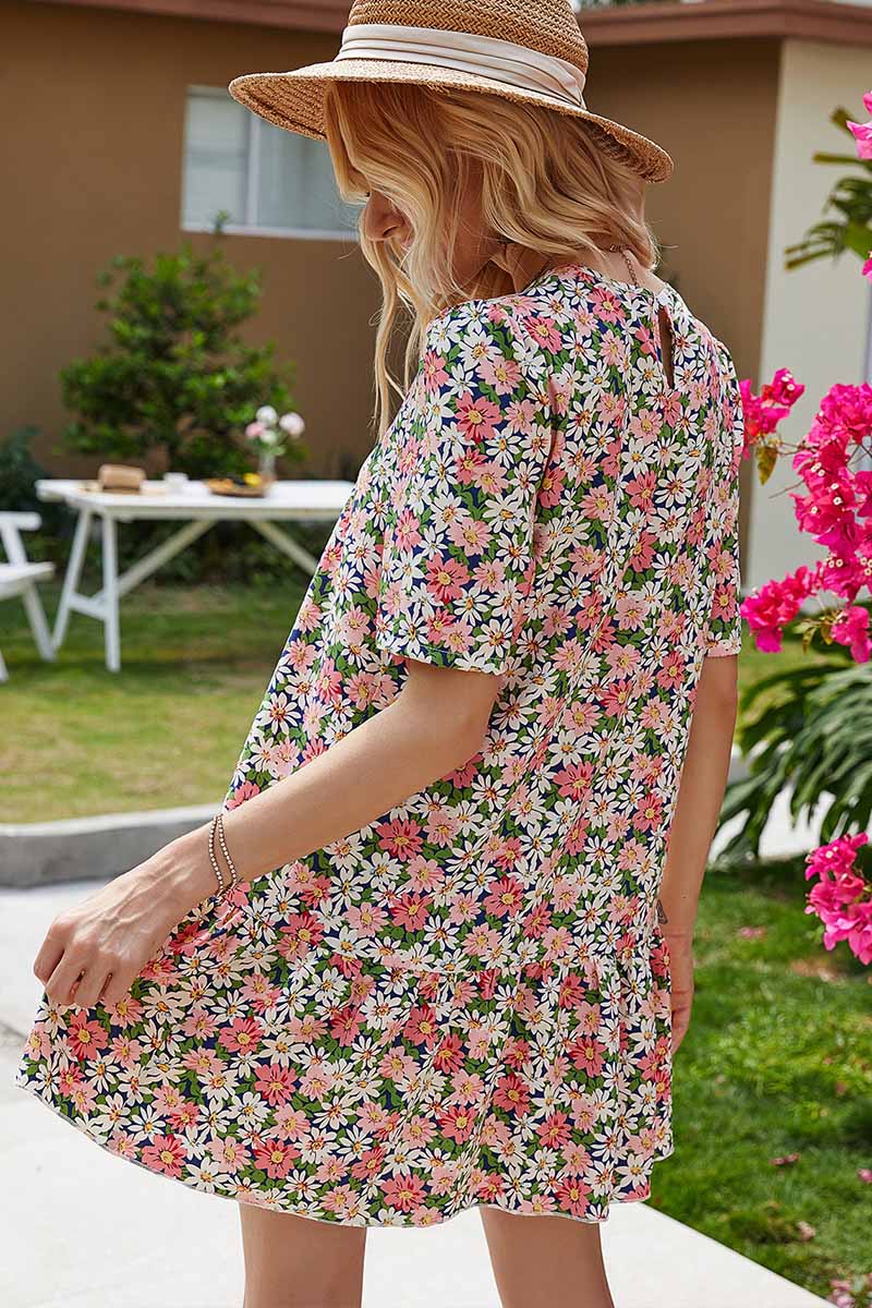 Omyke Round Neck Ruffled Floral Mini Dress