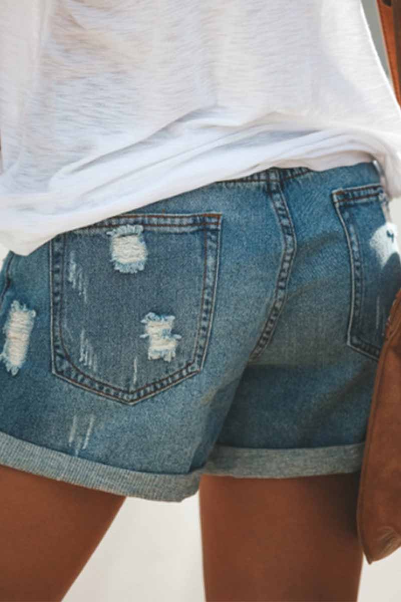 Omyke Fashion Street Ripped Denim Straight Shorts