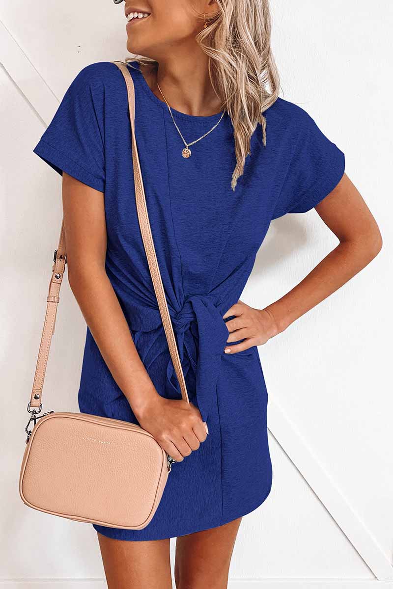 Omyke Loose Tie Solid Color Short Sleeves Mini Dress(6 colors)