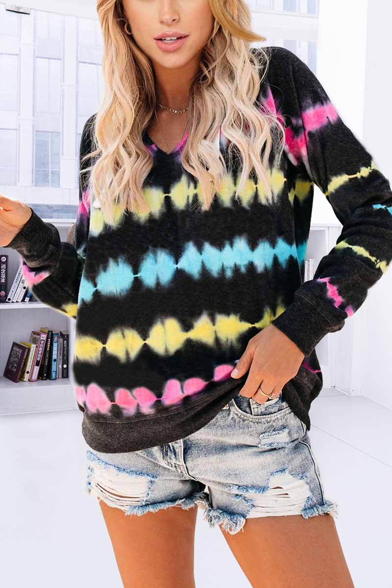 Omyke Color Striped Print Casual Hoodie